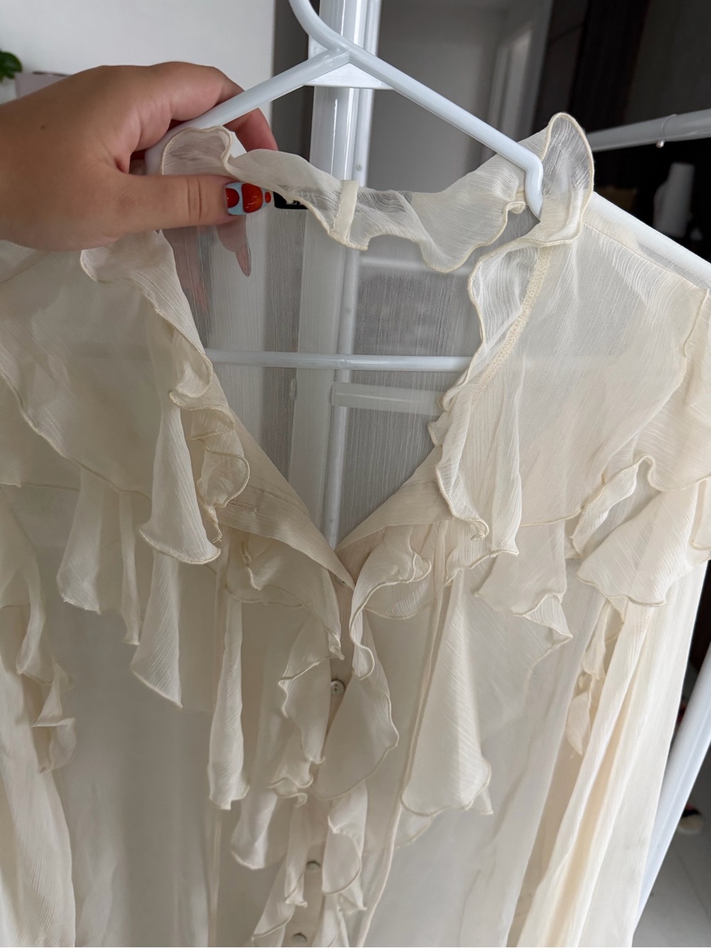 Zara Cream Sheer Ruffle Button Blouse - Picture 3 of 5